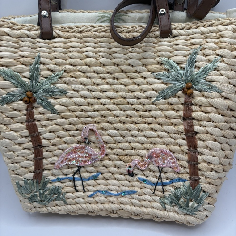 Vintage Capelli Straw Wicker Flamingo Palm Tree Beach Shoulder Bag Purse - Picture 2 of 14